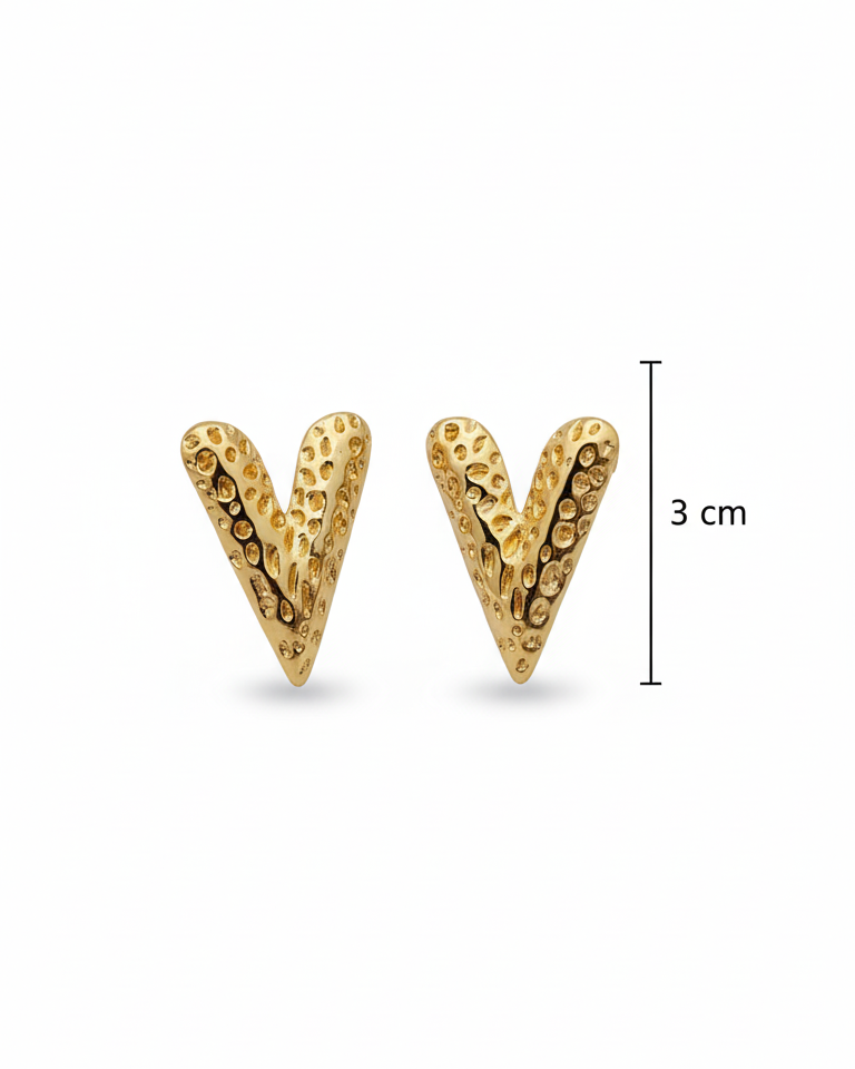 Gold 'V' shaped earrings with a measurement label on a white background