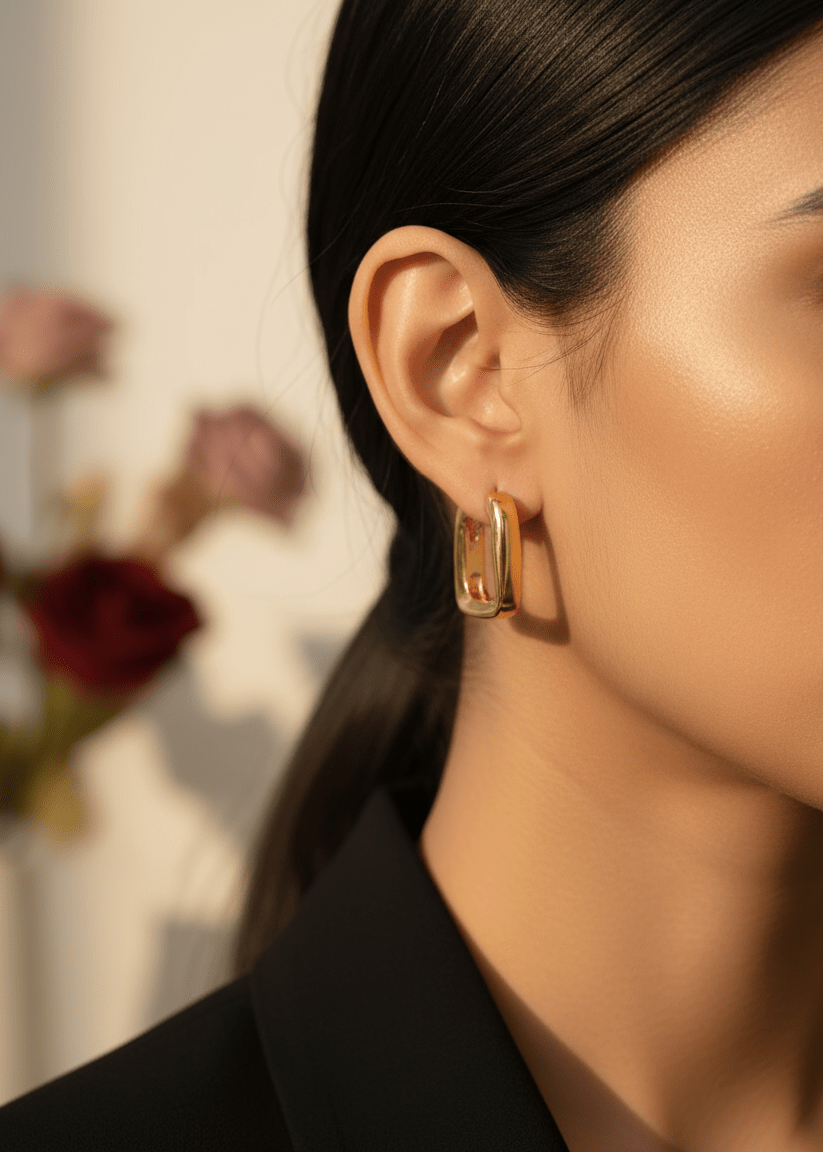 Close-up of a person wearing gold hoop earrings with a blurred floral background