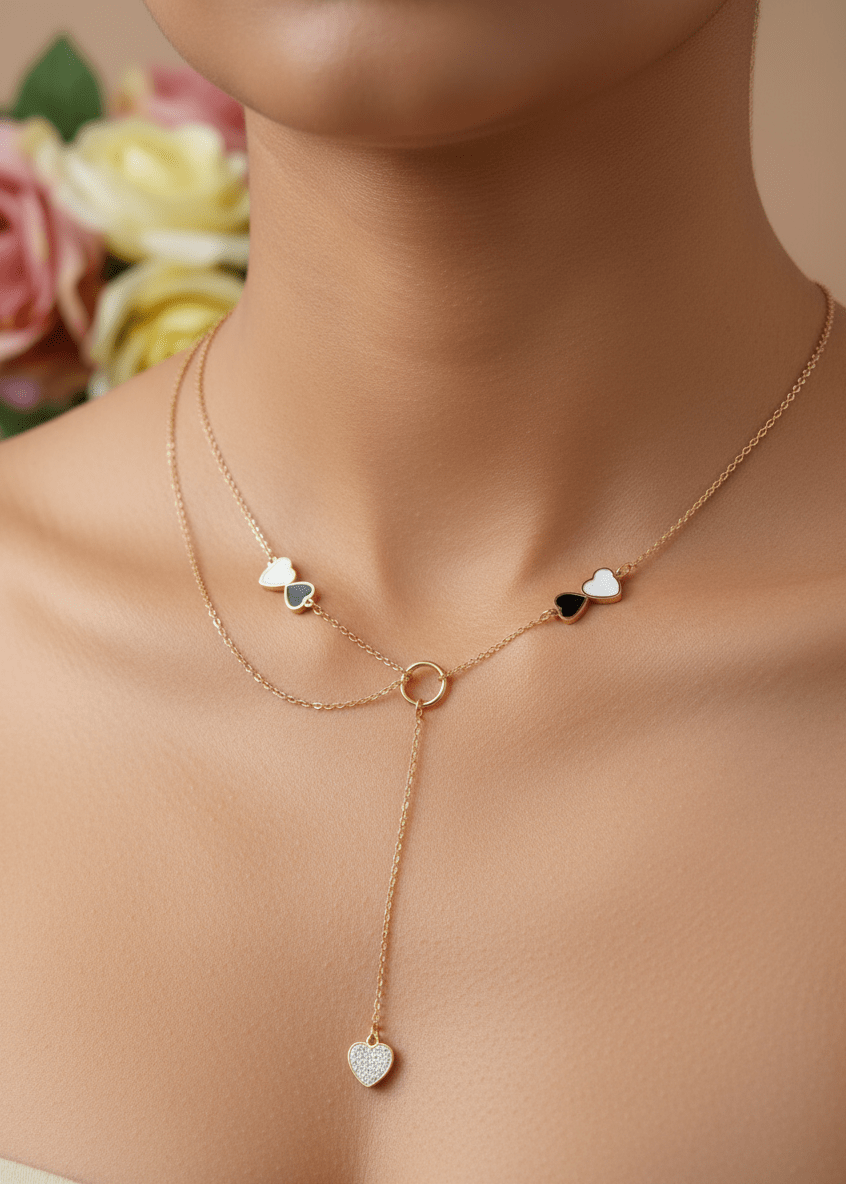 Necklace with heart-shaped pendants on a blurred floral background