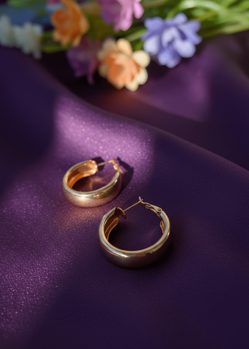 Gold hoop earrings on a purple surface with flowers in the background