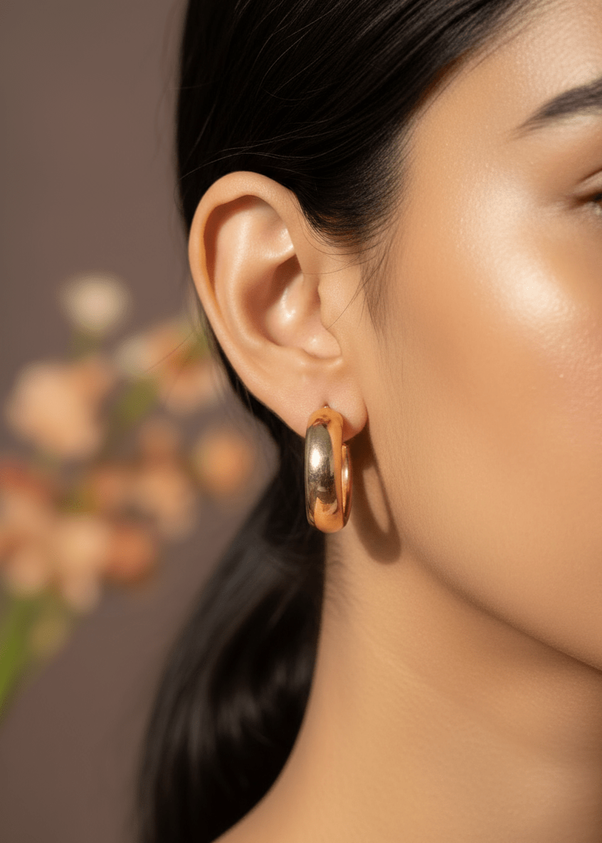 Close-up of a person wearing gold hoop earrings with a blurred floral background