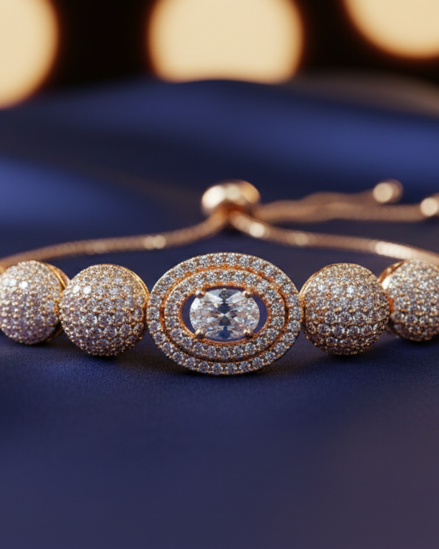 Elegant bracelet with diamond accents on a blue fabric background