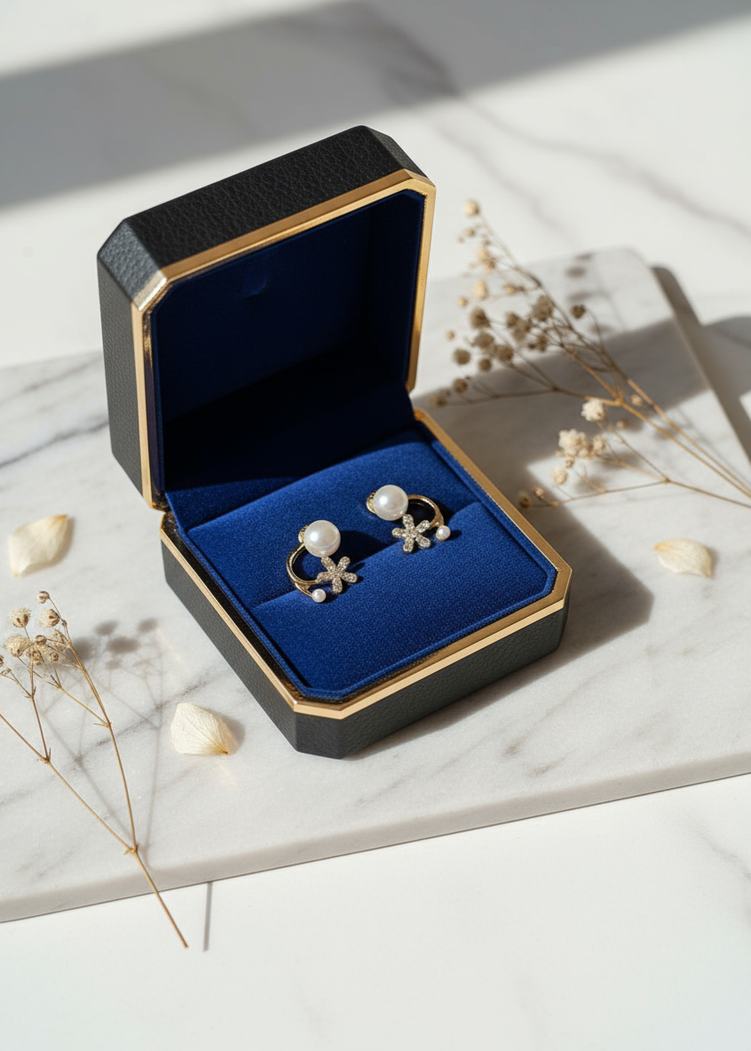 Jewelry box with pearl earrings on a marble surface
