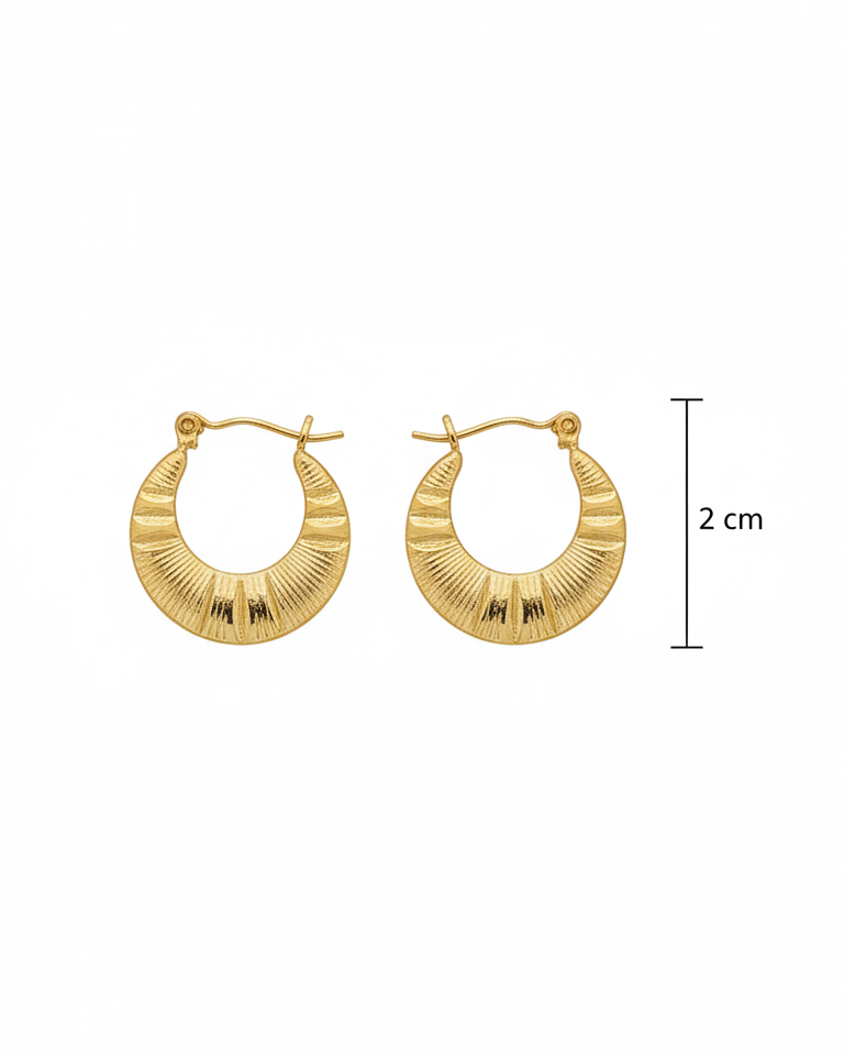 Gold hoop earrings with a measurement label on a white background