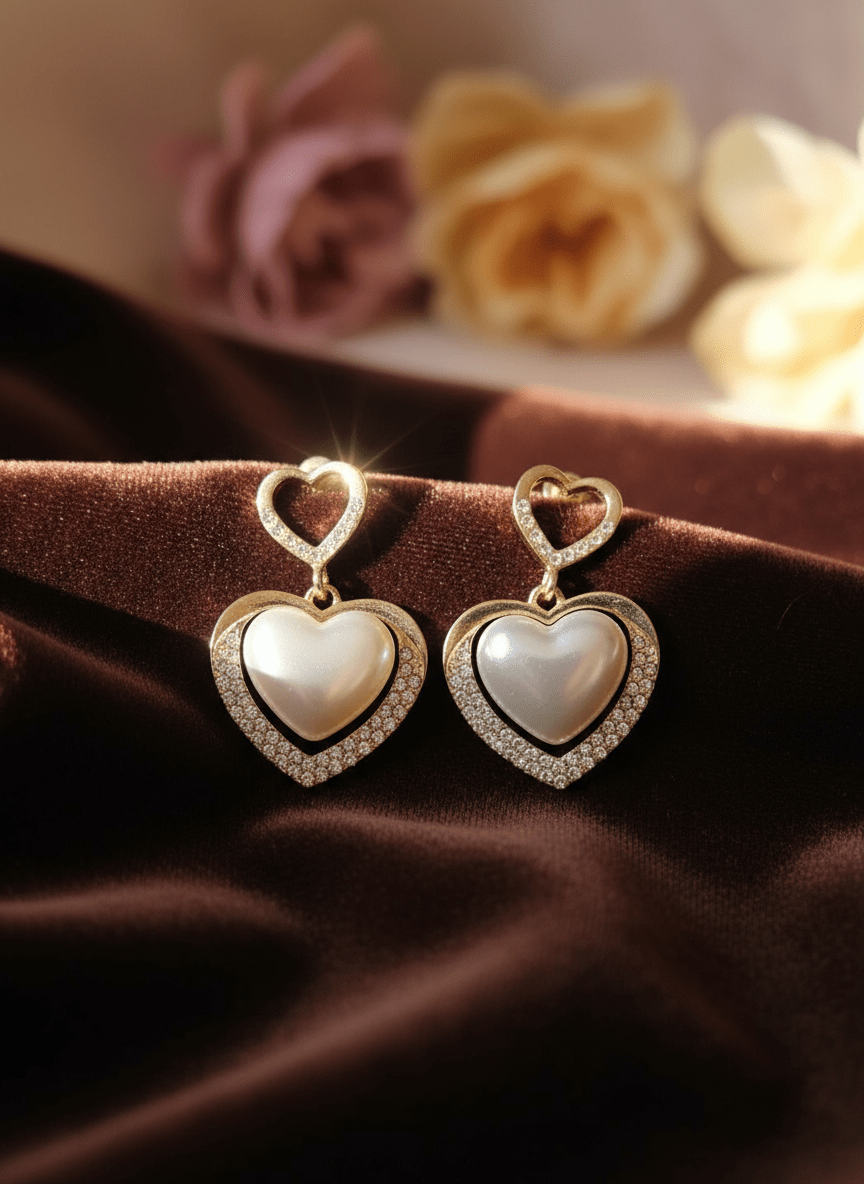 Heart-shaped earrings with pearl-like centers on a brown fabric background