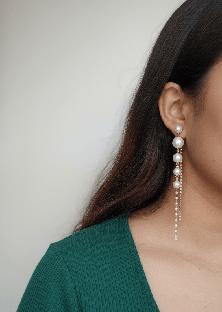Person wearing a green top with pearl earrings against a plain background