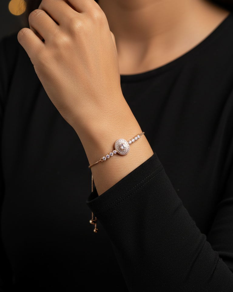 Diamond bracelet on a person's wrist with a blurred background