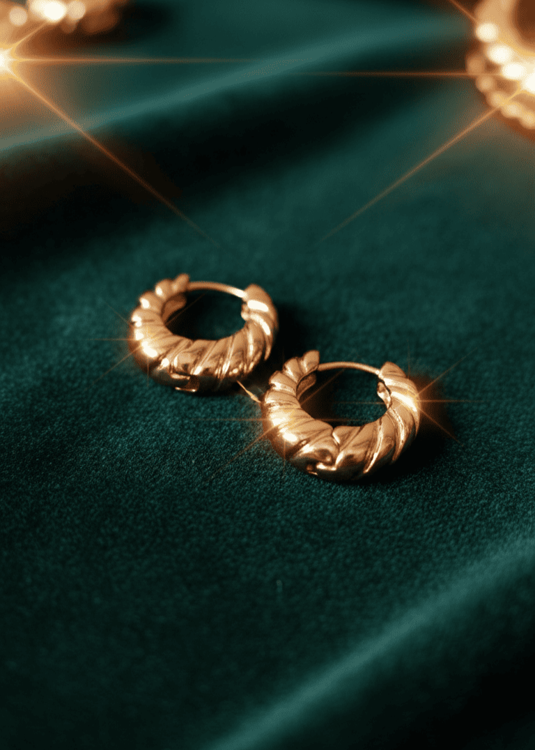 Gold hoop earrings on a dark green fabric background