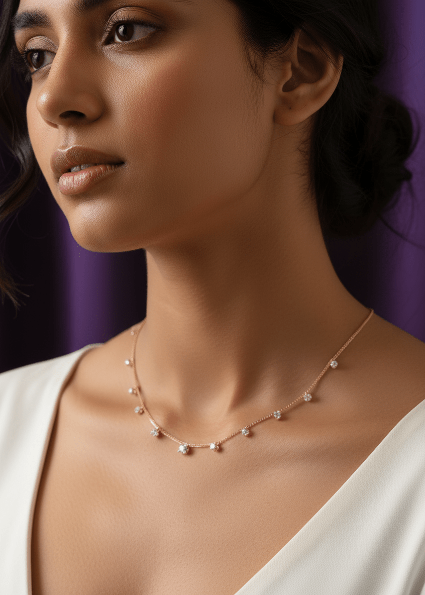Woman wearing a delicate necklace against a purple background