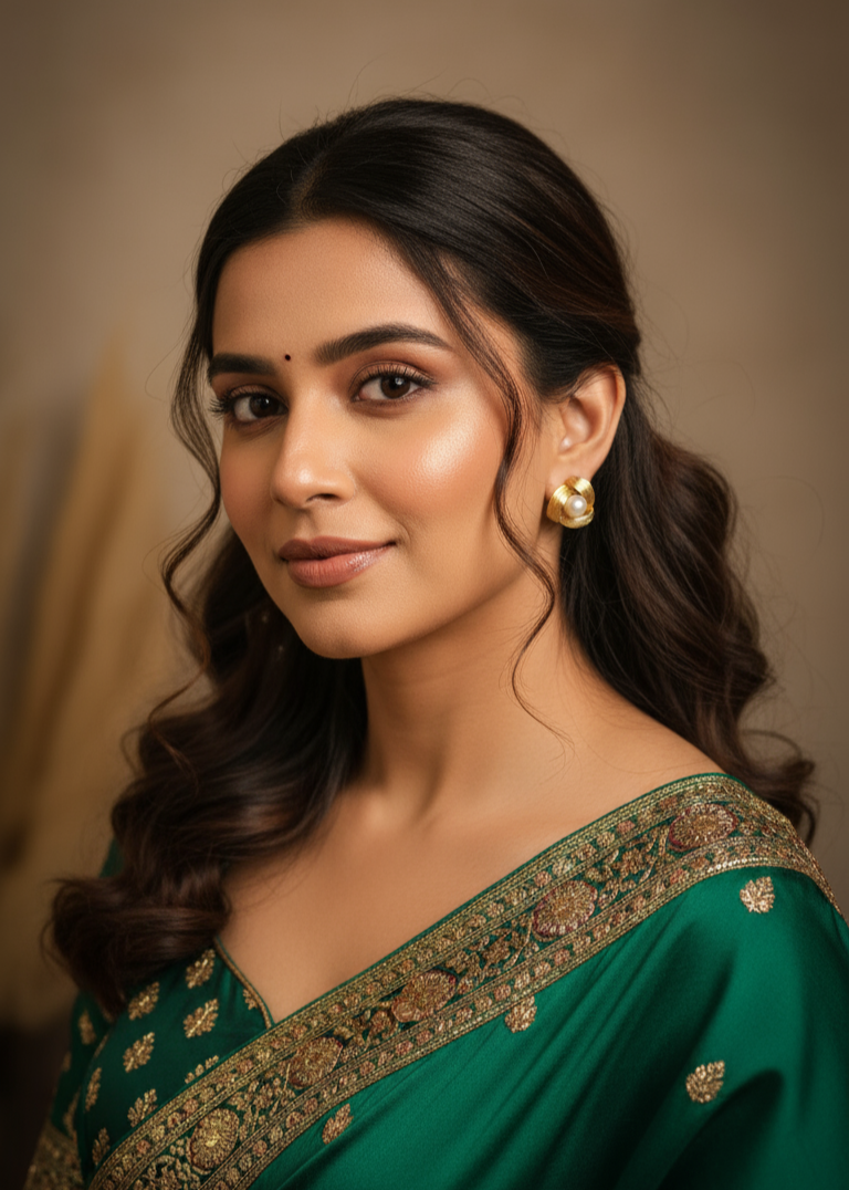 Woman wearing a green saree with gold embroidery against a neutral background