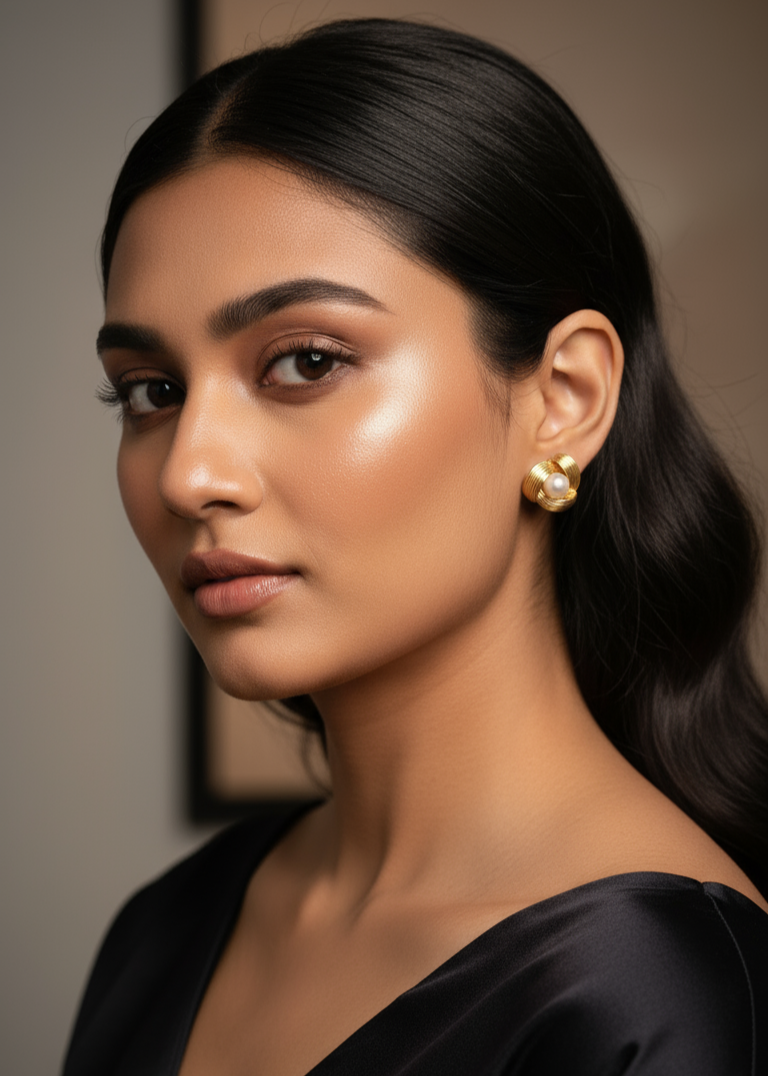 Woman wearing gold earrings with a neutral background