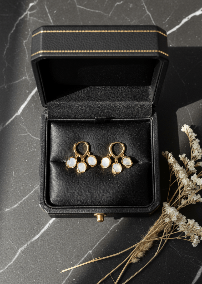 Pair of pearl earrings in a black jewelry box on a dark marble surface.