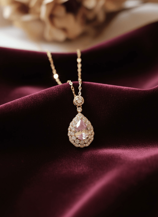 Pink Stone Waterdrop Stainless Steel Necklace