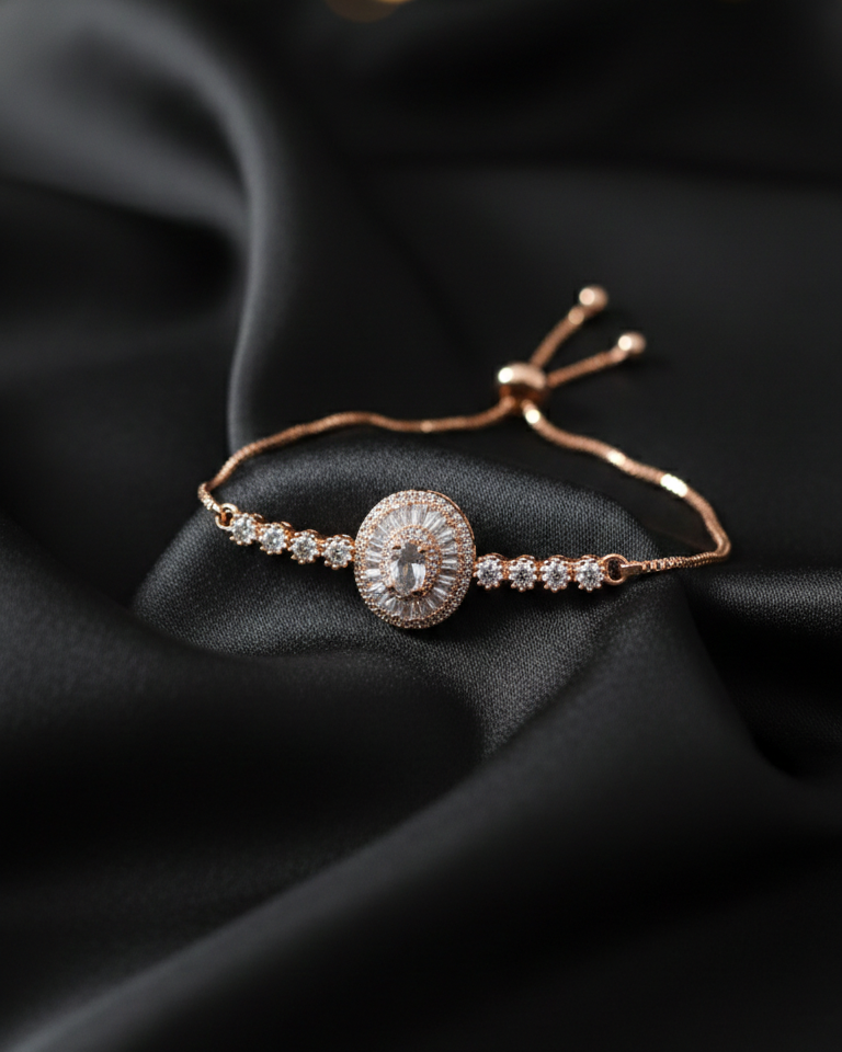 Rose gold bracelet with diamond accents on black fabric